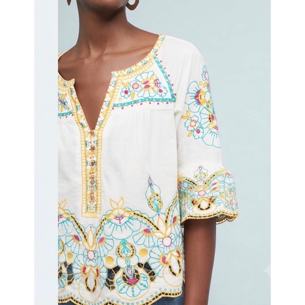 Anthropologie Akemi + Kin  Embroidered Eyelet Peasant Blouse White Boho Top Sz 4